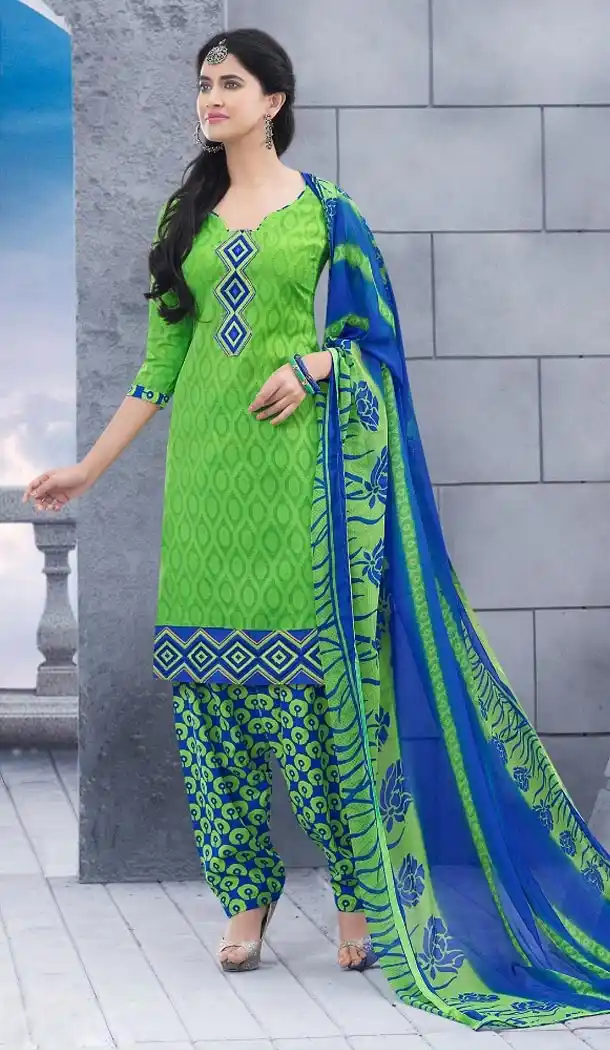 Cheap Patiala Suits Online with Cotton Jacquard and Parrot Green | FH379762542