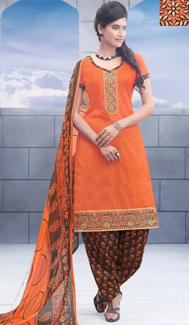 Cheap Patiala Suits Online with Cotton Jacquard and Orange | FH379762548