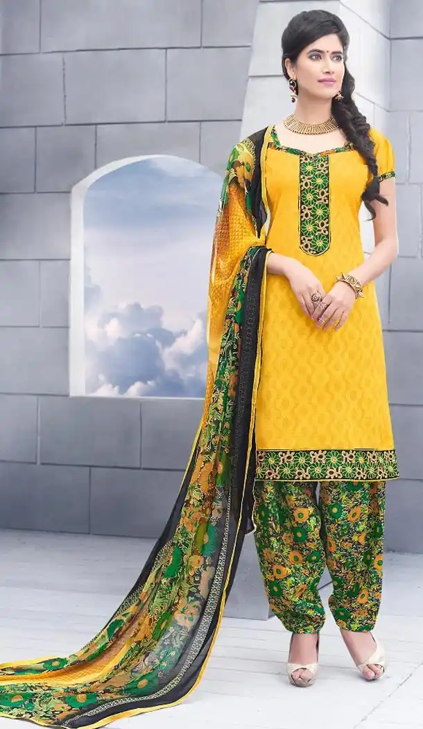Cheap Patiala Suits Online with Cotton Jacquard and Yellow | FH379762549