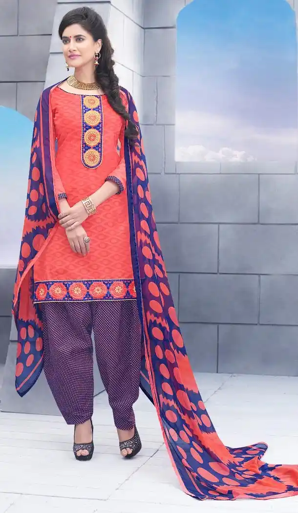 Cheap Patiala Suits Online with Cotton Jacquard and Salmon | FH379762551