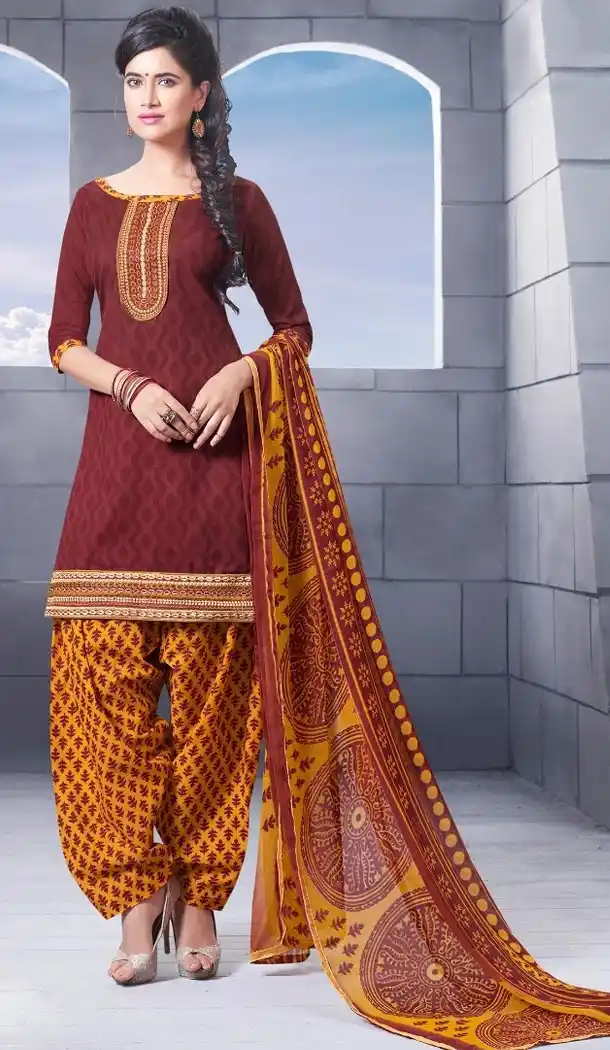 Cheap Patiala Suits Online with Cotton Jacquard and Maroon | FH379762552