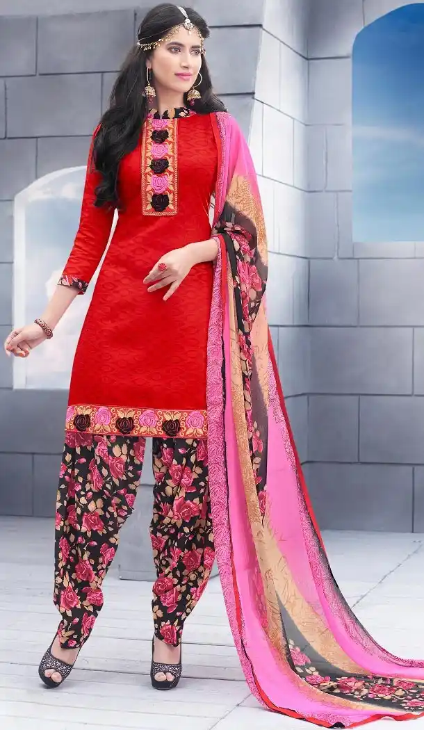 Cheap Patiala Suits Online with Cotton Jacquard and Deep Scarlet | FH379762553