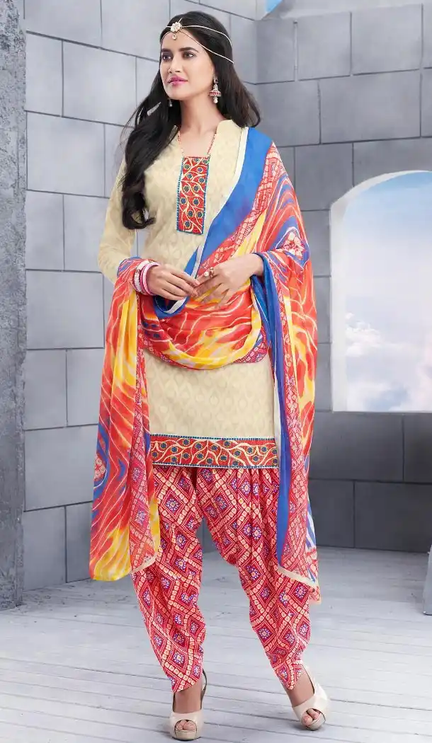 Cheap Patiala Suits Online with Cotton Jacquard and Cosmic Latte | FH379762554
