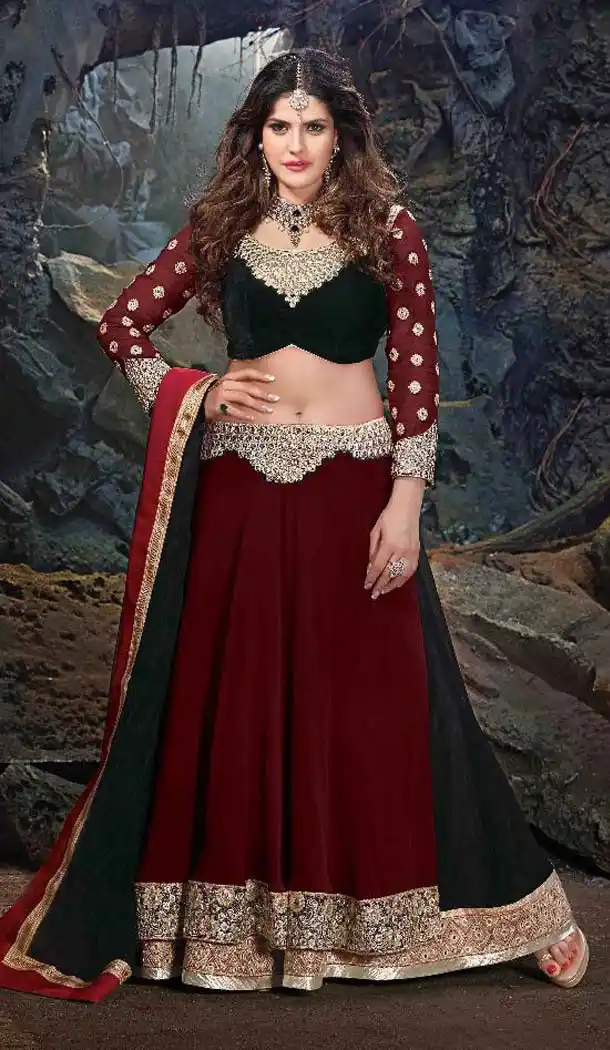 Bollywood Actress Zarine Khan Black color and Net fab A Line Style Lehenga FH381762797