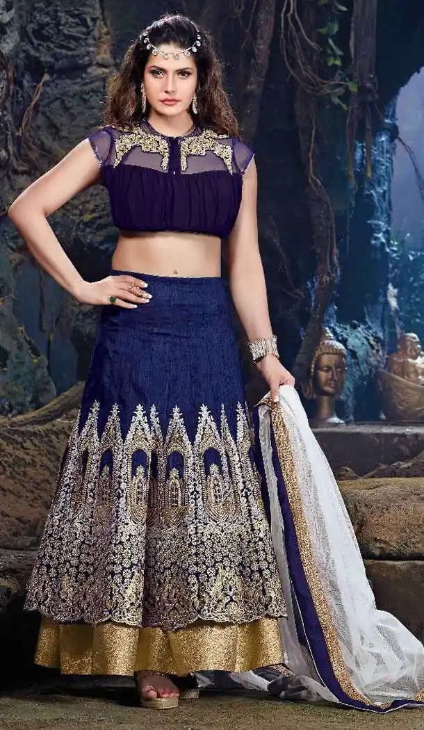 A Line Style Lehenga in Navy Blue color Net Traditional look Bollywood Actress Zarine Khan FH381762801