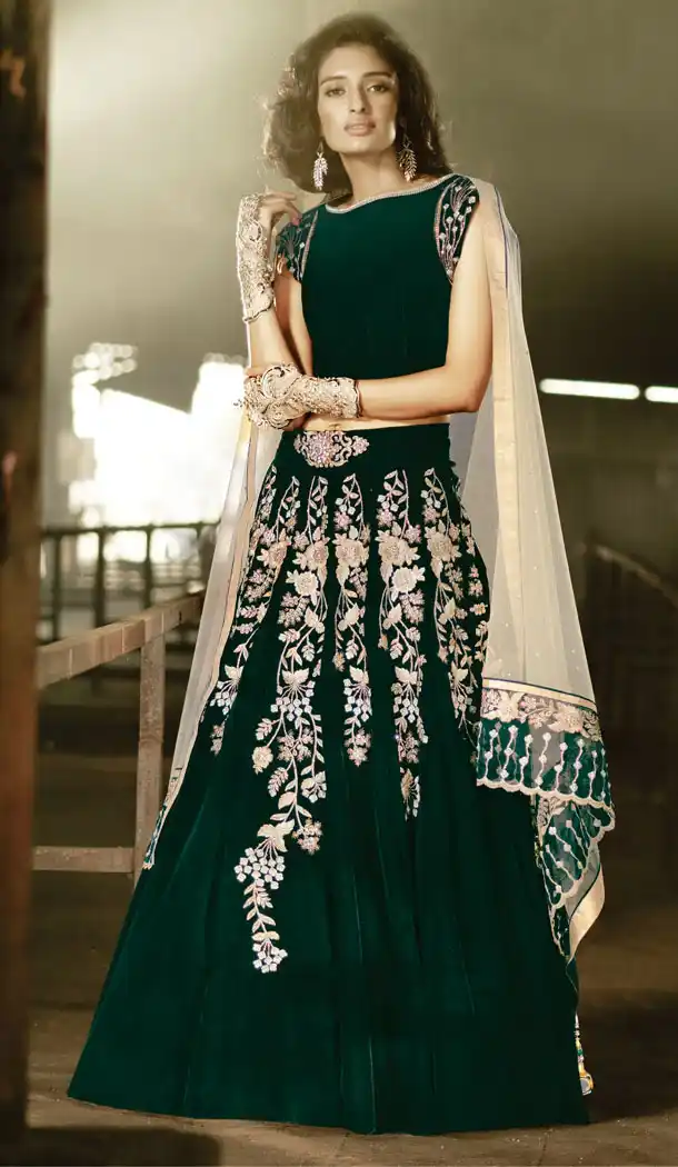 Women's Velvet Fabric and Green Pretty A Line Lehenga Choli | FH382062825