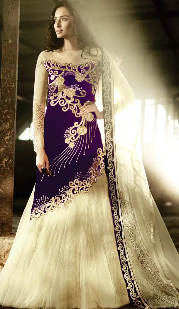 Velvet and Net Tailed Style Purple and Cream Salwar Kameez | FH382062826