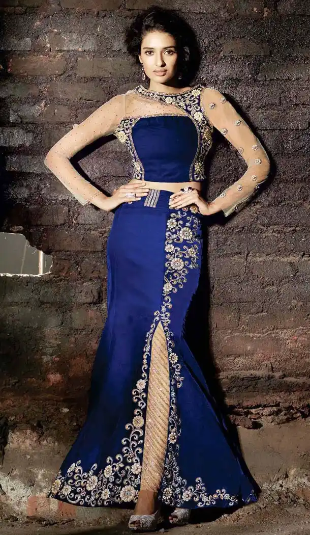 Women's Velvet Fabric and Blue Pretty Mermaid Cut Lehenga Choli | FH382062827