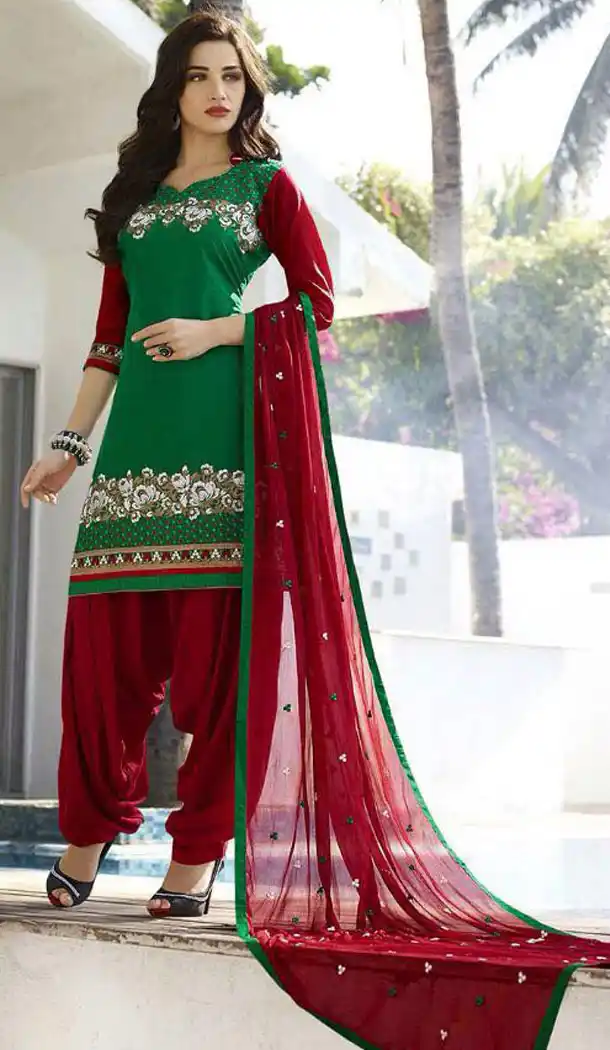 Green Color with Cotton Fabric Patiala Style Punjabi Suit | FH383563010