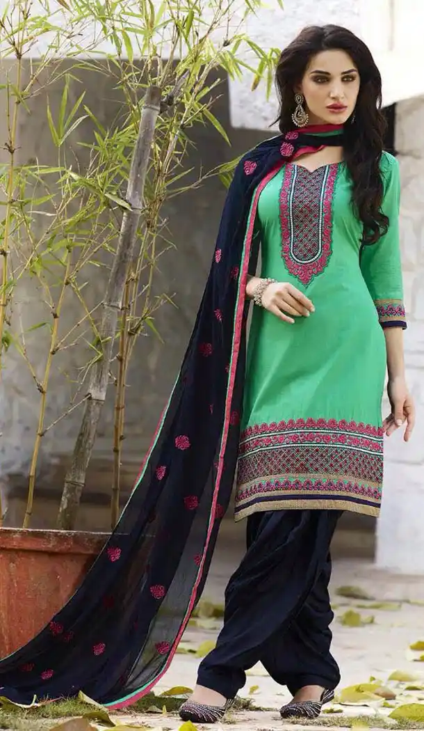 Green Color with Cotton Fabric Patiala Style Punjabi Suit | FH383563010