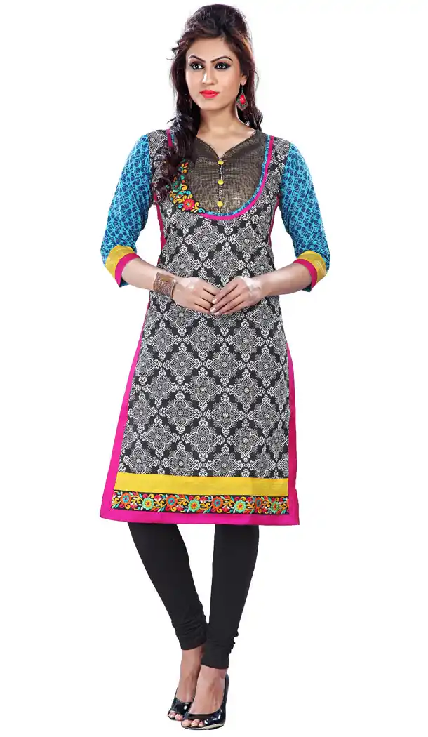 Sky Blue and Black Dotted Cotton Straight Readymade Kurtis | FH383863083