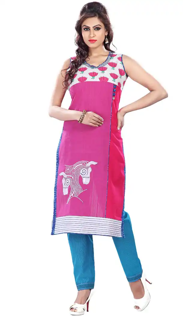 Pink and White Cotton Straight Readymade Kurtis | FH383863084