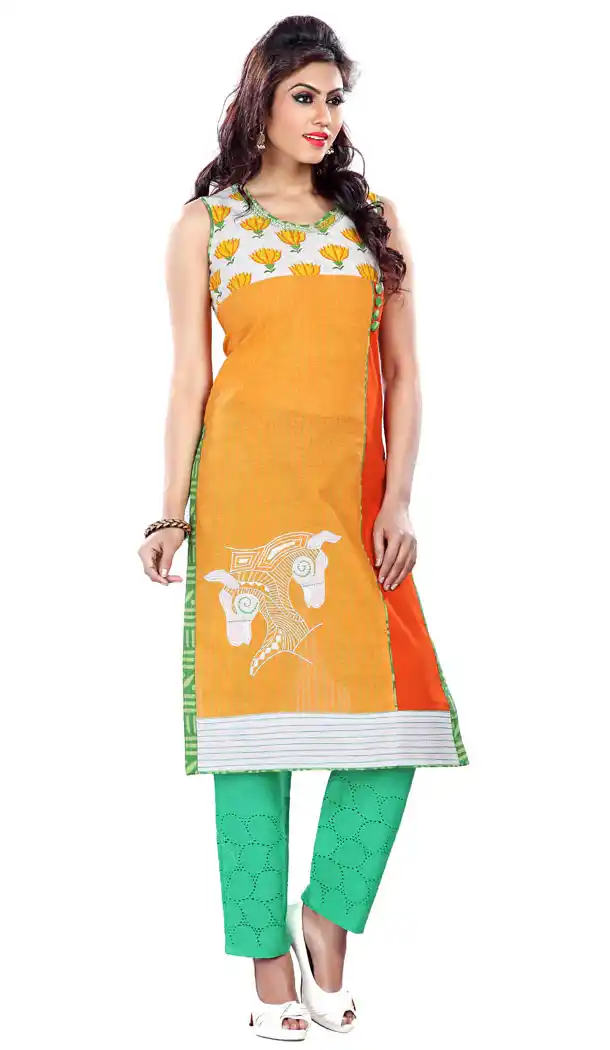 Orange and Yellow Cotton Straight Readymade Kurtis | FH383863087