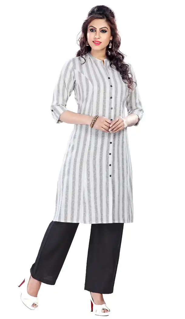 White and Black Color Cotton Straight Readymade Kurtis | FH383863092