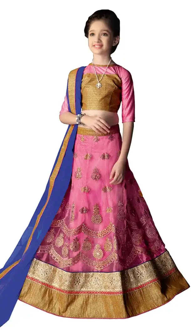 Rose Pink Color Net A Line Lehenga Kids Lehenga Cholis online | 384063055
