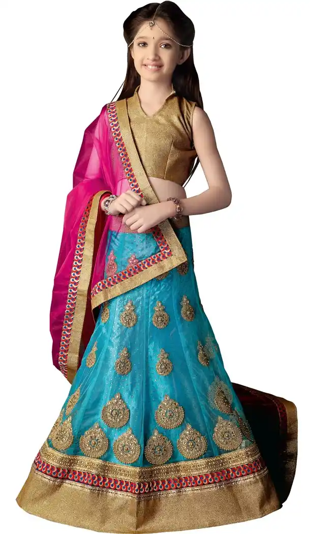Sky Blue Color Net A Line Lehenga Kids Lehenga Cholis online | 384063057
