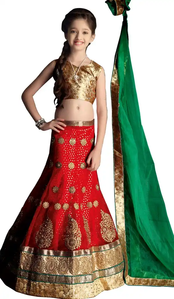 Deep Scarlet Color Net A Line Lehenga Kids Lehenga Cholis online | 384063058