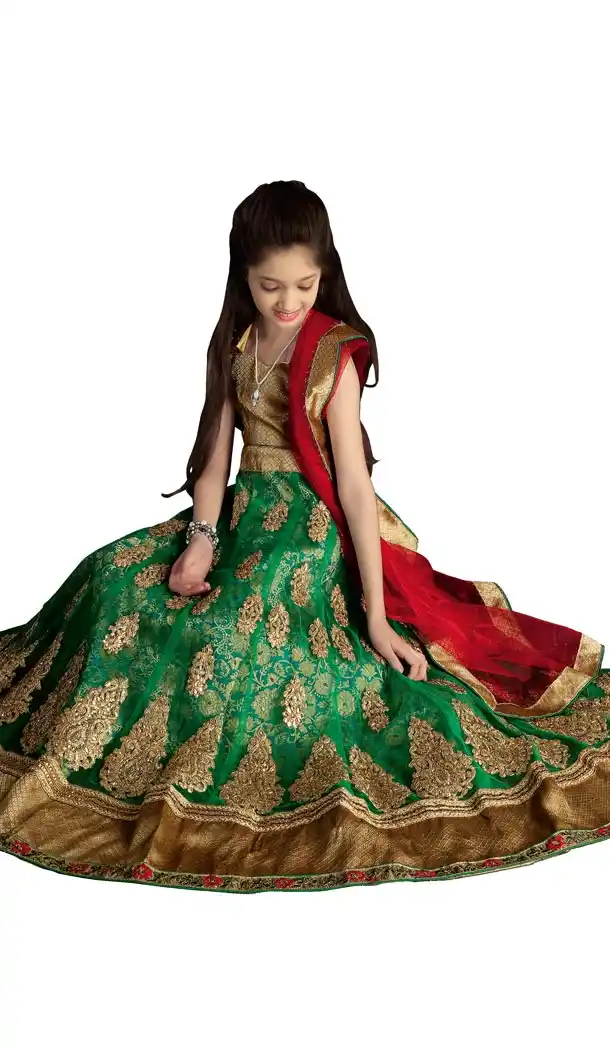 bottle green color net a line lehenga kids lehenga cholis online