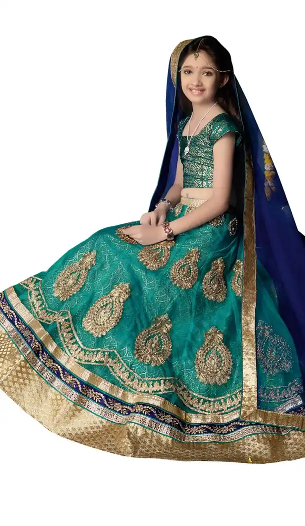 Greenish Color Net A Line Lehenga Kids Lehenga Cholis online | 384063063