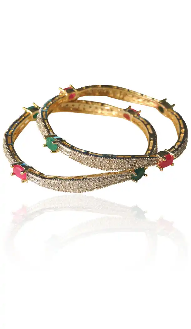 American Diamond Bangles in Red,Green and Gold Color | FH384263074