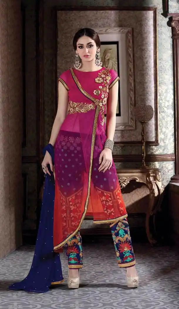 Angrakha Style Magenta Color Net Stitched Kameez with Narrow Pants | FH385263858
