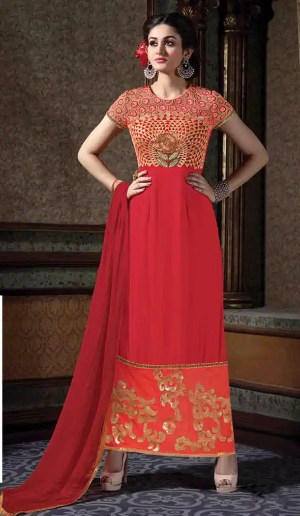 Pakistani Style Red Color Georgette Stitched Churidar Kameez | FH385263860