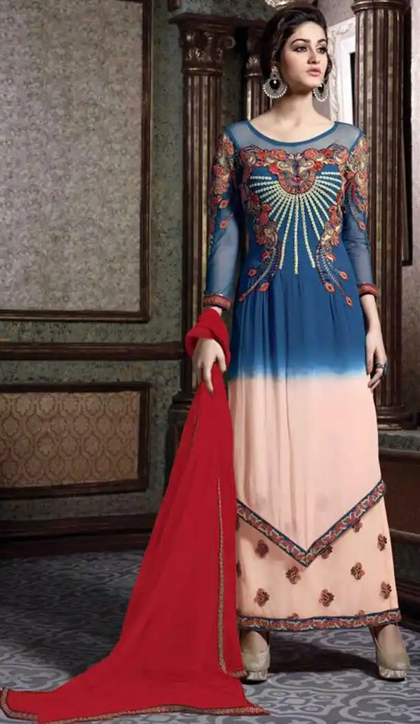Pakistani Style Navy Blue and Mistyrose Color Georgette Stitched Churidar Kameez | FH385263861