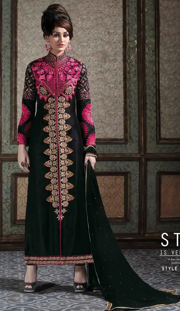 Pakistani Style Black Color Georgette Stitched Churidar Kameez | FH385263862