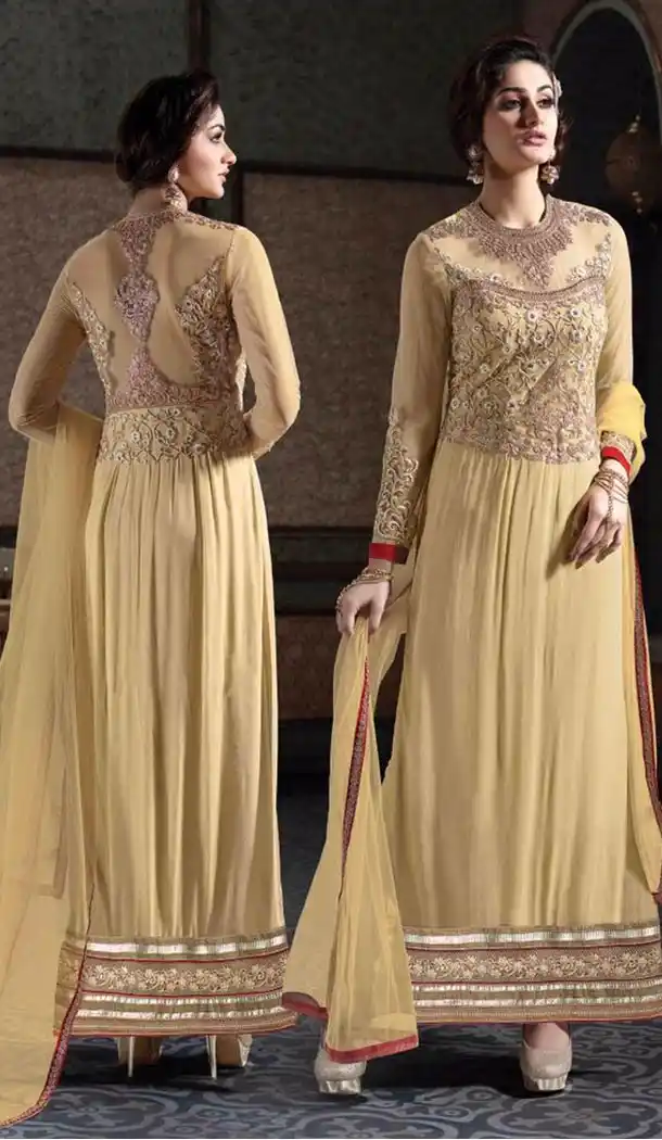 Pakistani Style French Beige Color Georgette Stitched Churidar Kameez | FH385263863