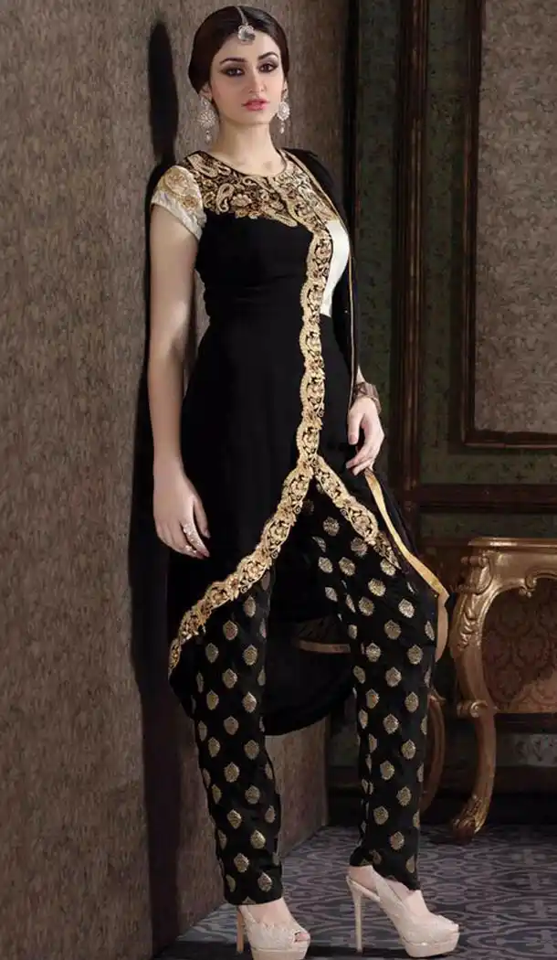 Pakistani Style Trail Black Color Georgette Stitched Narrow Pants Kameez | FH385263864