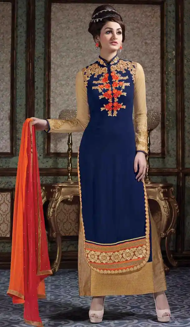Pakistani Style Navy Blue and Tan Brown Color Georgette Stitched Narrow Pants Kameez | FH385263865
