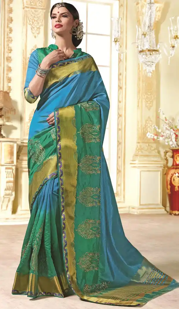 Tussar Silk with Printed Pallu Chrome Green and Sky Blue Saree and Stitched Blouse| FH385363233