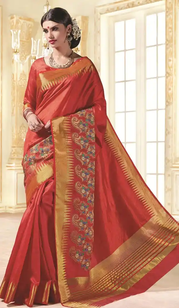 Tussar Silk with Printed Pallu Red Saree and Stitched Blouse| FH385363235