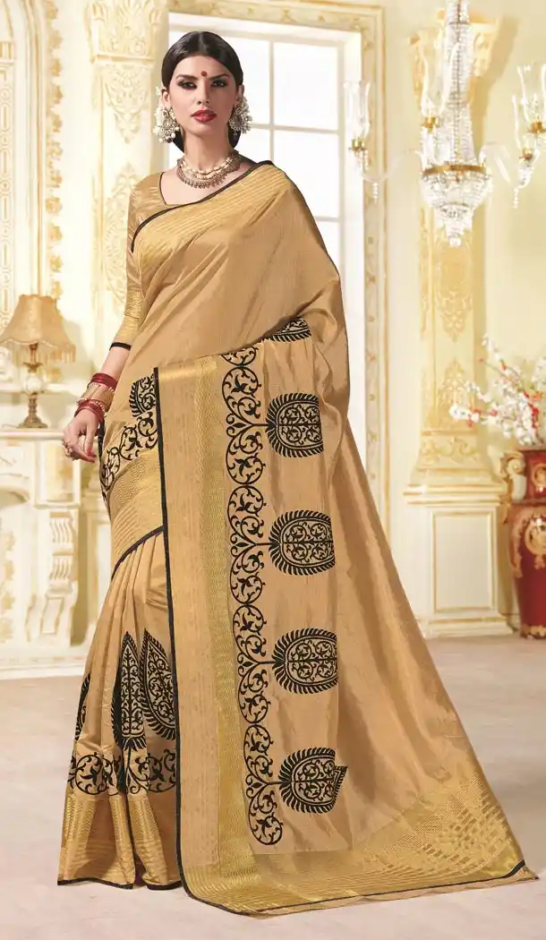 Tussar Silk with Printed Pallu Tan Brown Saree and Stitched Blouse| FH385363236