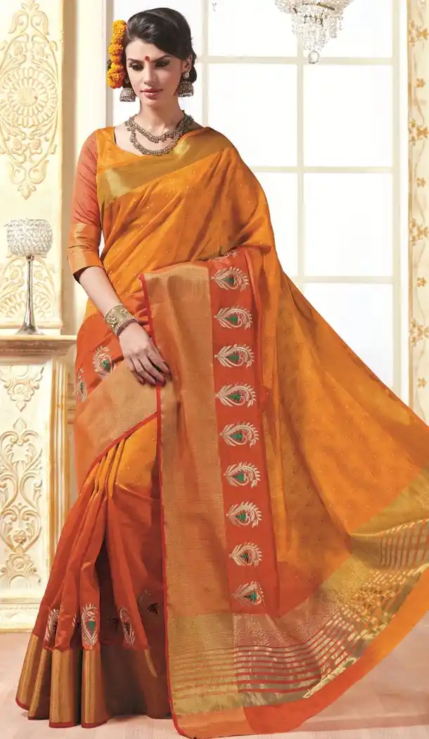 Tussar Silk with Printed Pallu Deep Orange Saree and Stitched Blouse| FH385363237