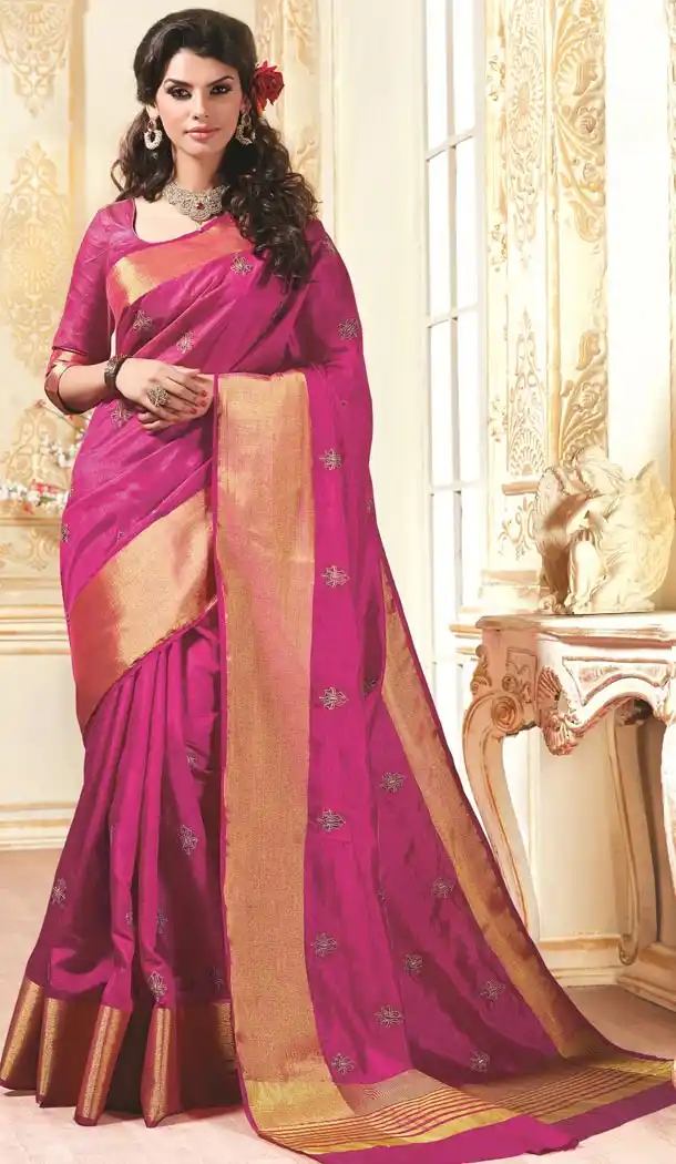 Tussar Silk with Printed Pallu Deep Pink Saree and Stitched Blouse| FH385363239