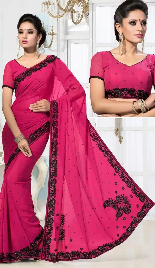 Deep Pink Georgette Fancy Pallu Sari with Readymade Blouse | FH385863330