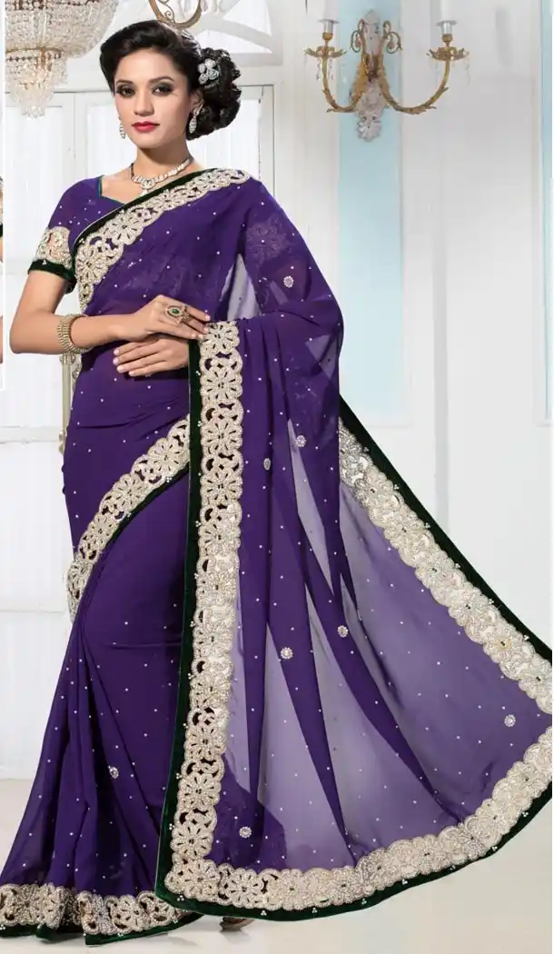 Purple Georgette Fancy Pallu Sari with Readymade Blouse | FH385863331