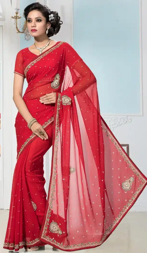 Crimson Georgette Fancy Pallu Sari with Readymade Blouse | FH385863332