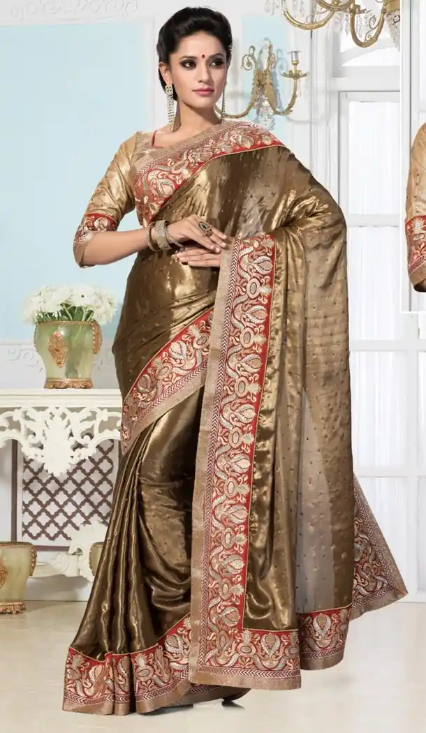 Brown Shimmer Fancy Pallu Sari with Readymade Blouse | FH385863333