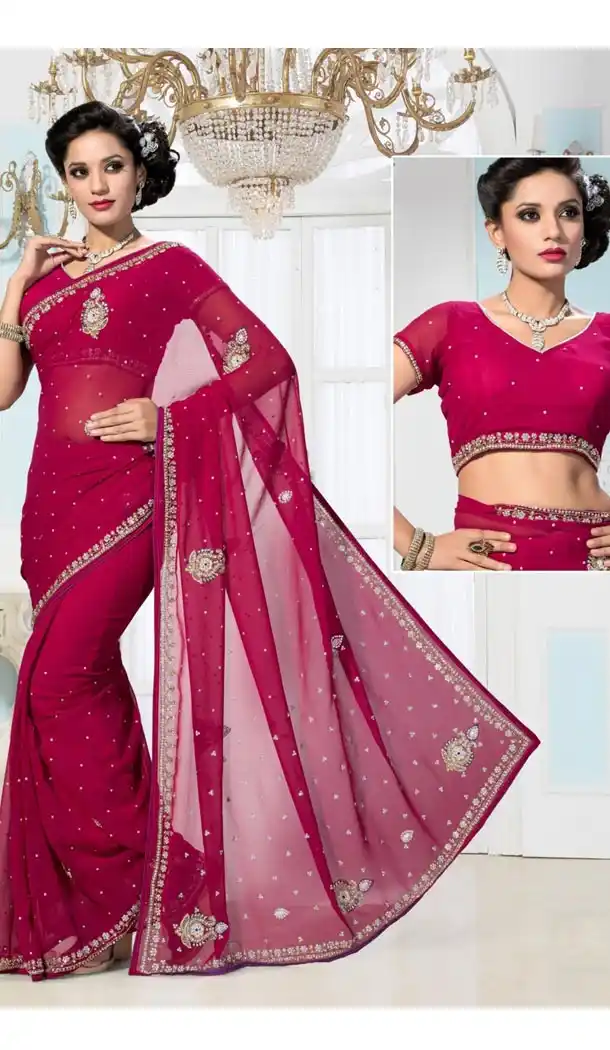 Deep Pink Georgette Fancy Pallu Sari with Readymade Blouse | FH385863334