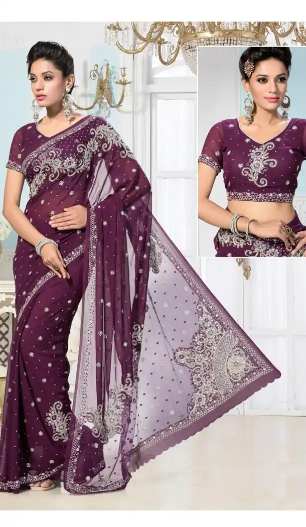 Wine Georgette Fancy Pallu Sari with Readymade Blouse | FH385863335