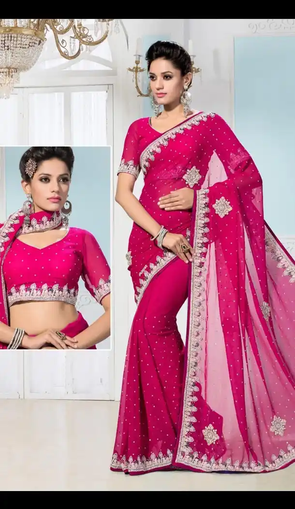 Georgette Sari Fancy Pallu in Pink Color with Readymade Blouse | FH385863336
