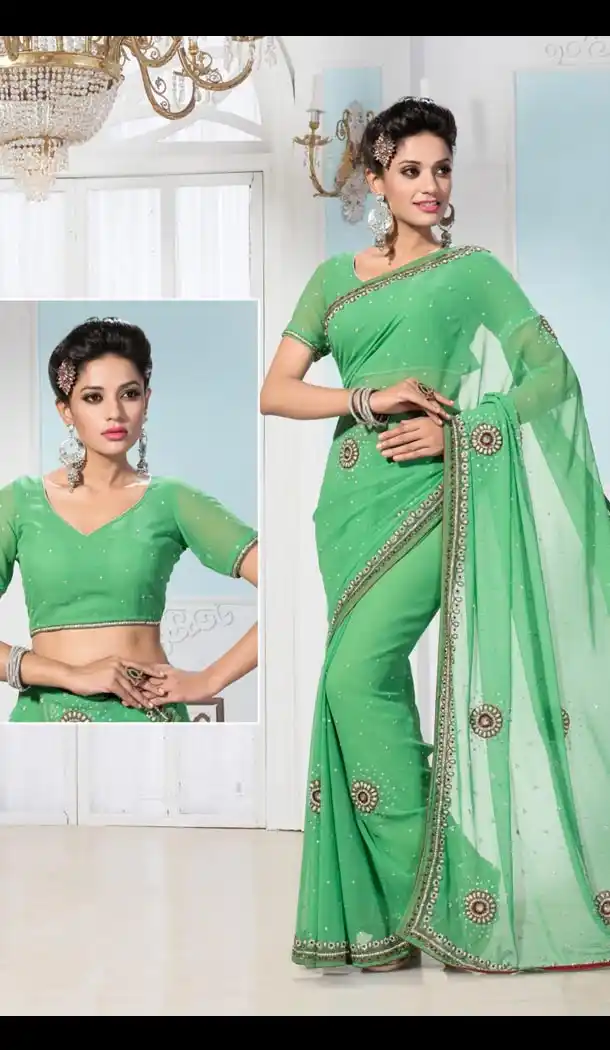Georgette Sari Fancy Pallu in Green Color with Readymade Blouse | FH385863337