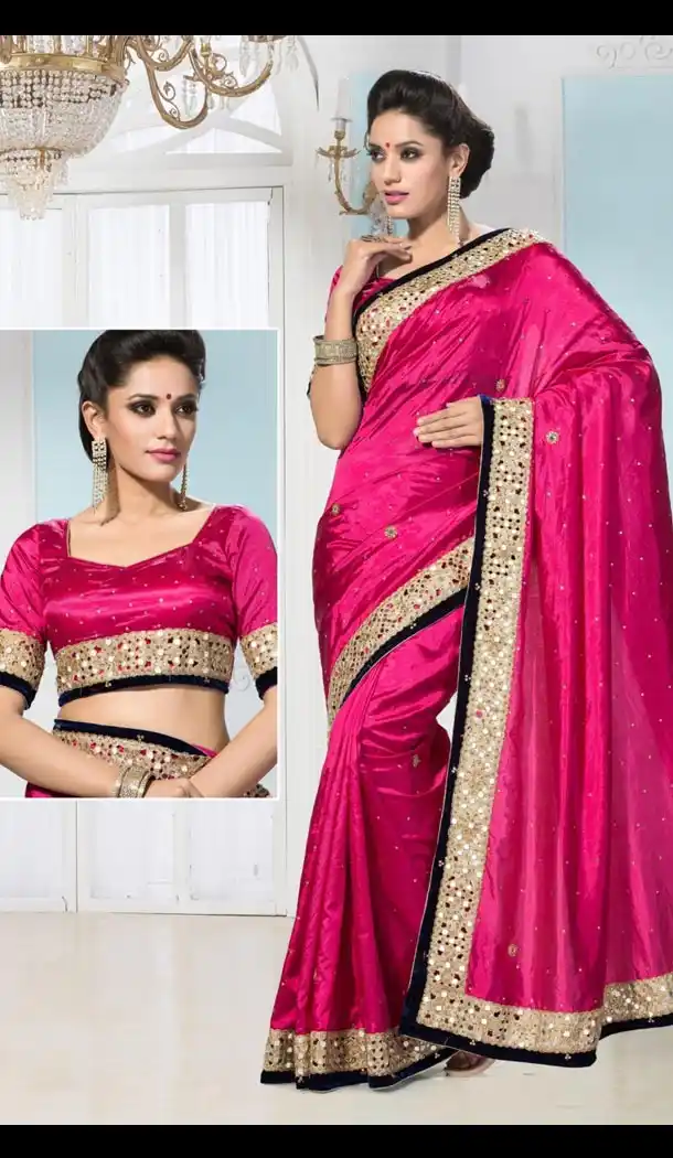 Georgette Sari Fancy Pallu in Hot Pink with Readymade Blouse | FH385863338