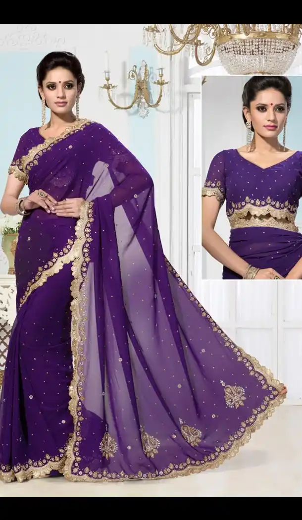 Georgette Sari Fancy Pallu in Purple with Readymade Blouse | FH385863339