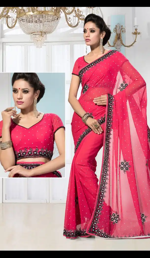 Fancy Pallu Georgette Sari in Hot Pink with Readymade Blouse | FH385863340