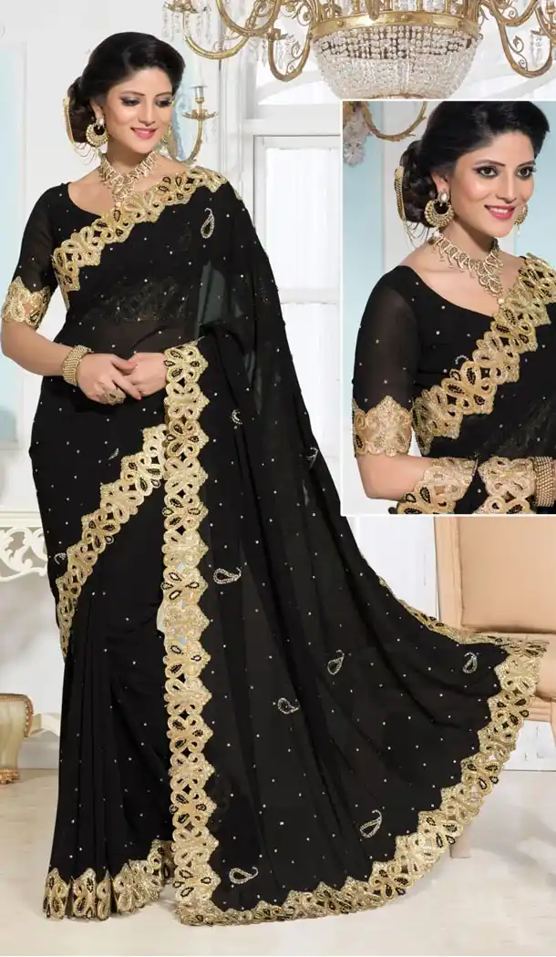 Fancy Pallu Georgette Sari in Black with Readymade Blouse | FH385863341