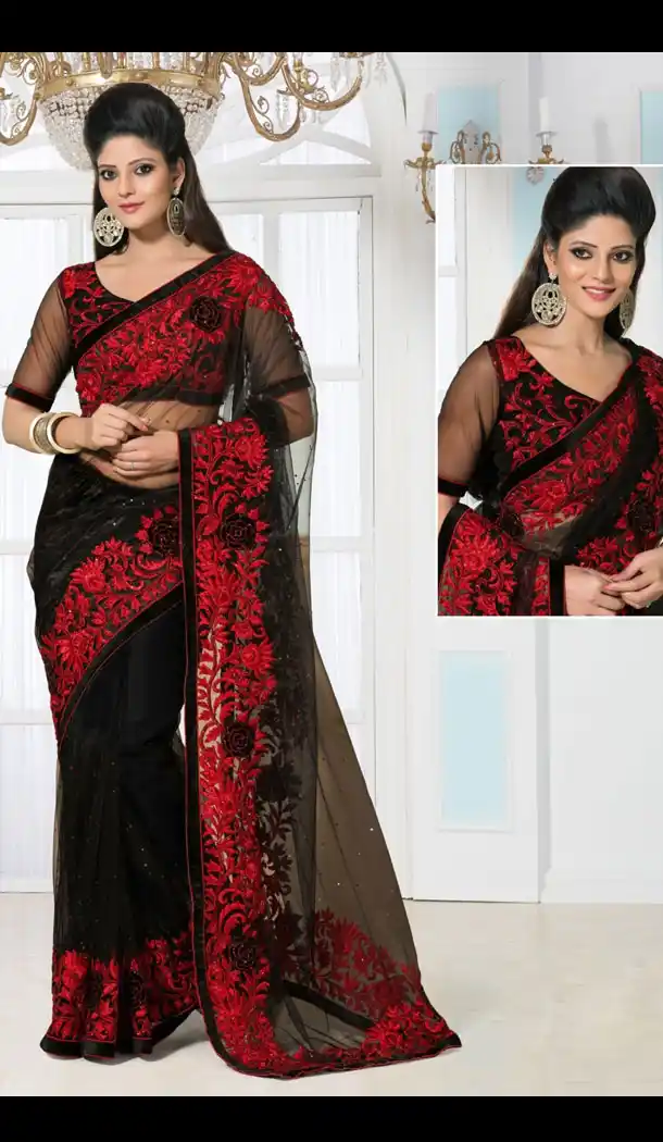 Fancy Pallu Net Sari in Desirable Black with Readymade Blouse | FH385863342