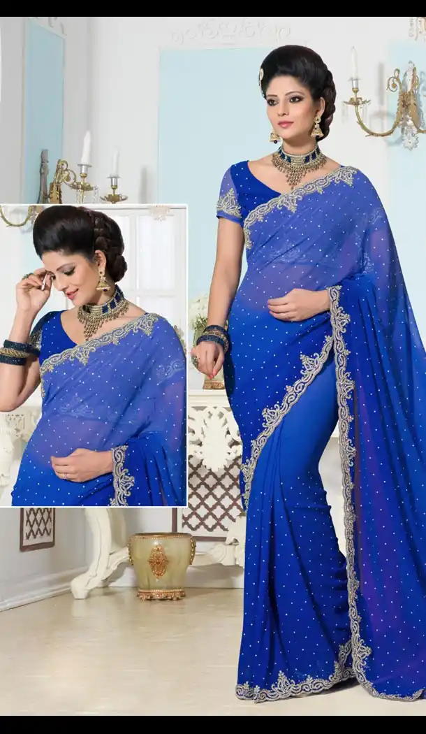 Fancy Pallu Georgette Sari in Royal Blue with Readymade Blouse | FH385863343